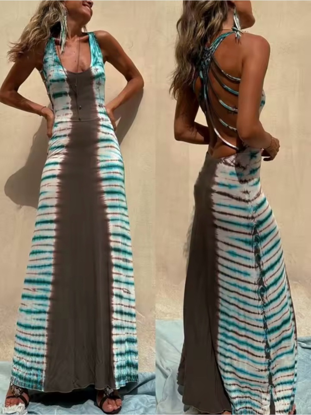 Tie-Dye Strappy Back Maxi Dress in Teal and Brown